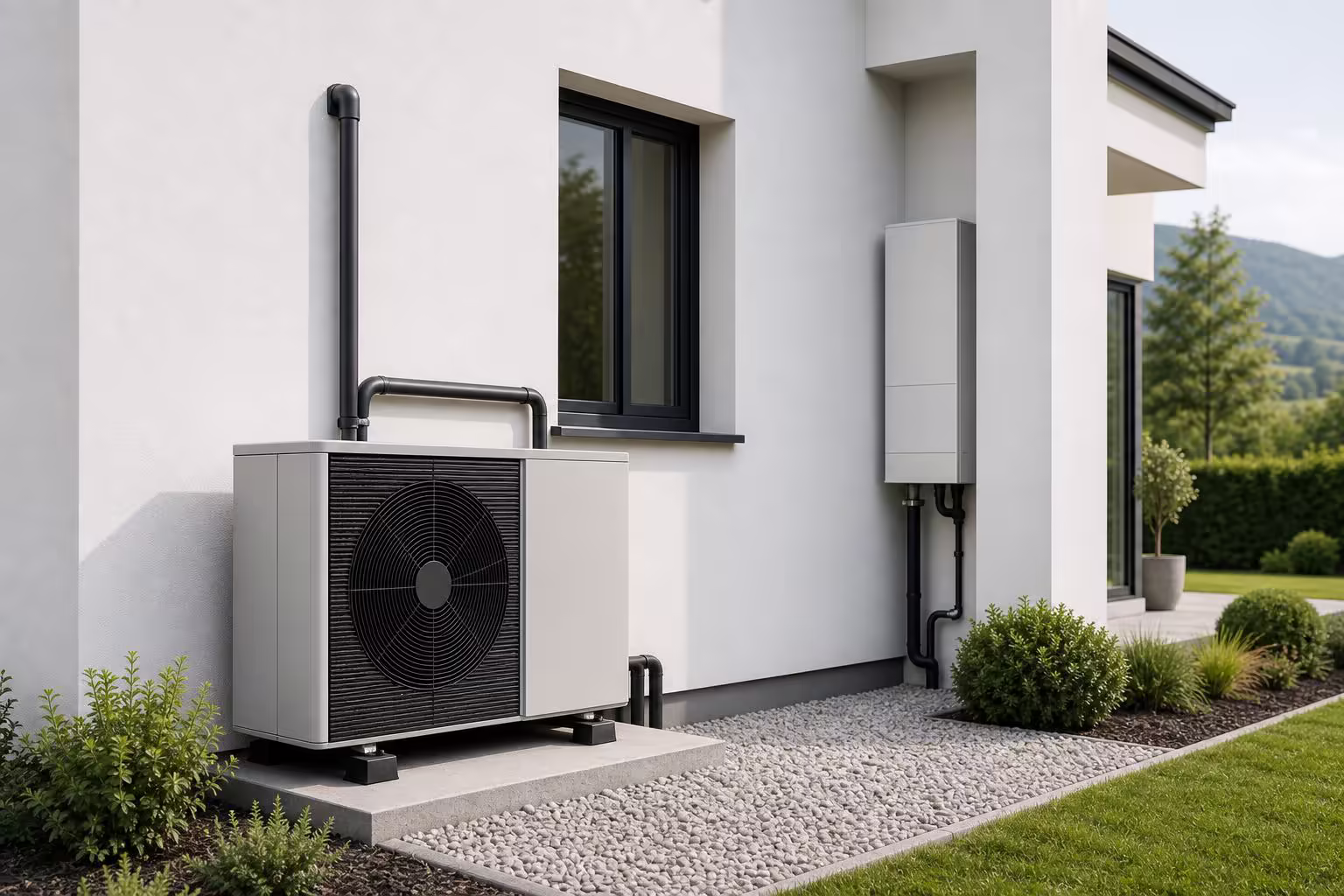 Pompa di calore e impianto HVAC esterno per casa efficiente