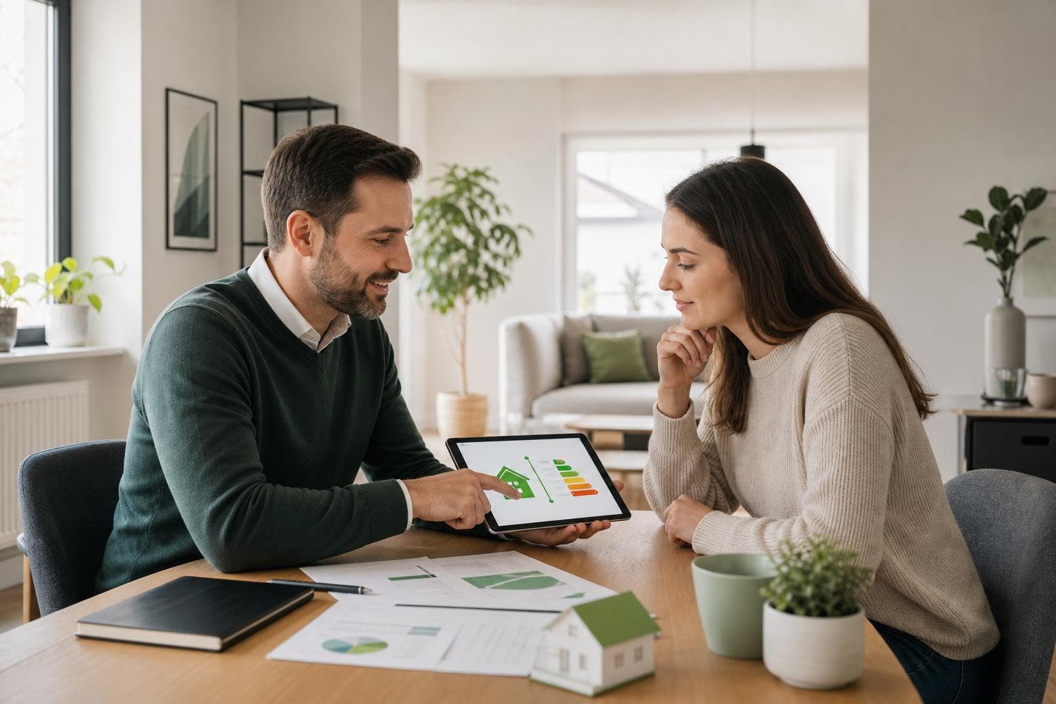 Professionista qualificato che spiega una valutazione energetica a una proprietaria di casa
